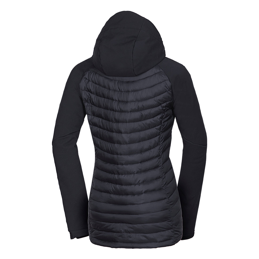 BU-6030OR women's outdoor hybrid like down jacket with softshell hood and sleeves ALISHA