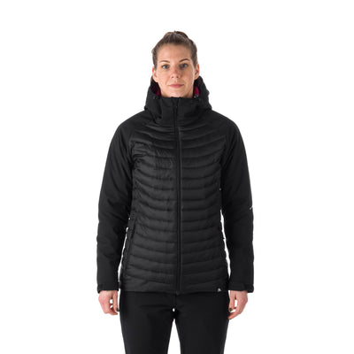 BU-6030OR women's outdoor hybrid like down jacket with softshell hood and sleeves ALISHA