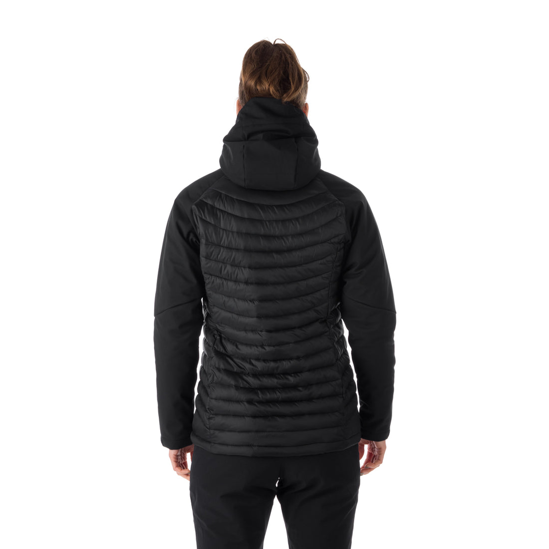 BU-6030OR women's outdoor hybrid like down jacket with softshell hood and sleeves ALISHA
