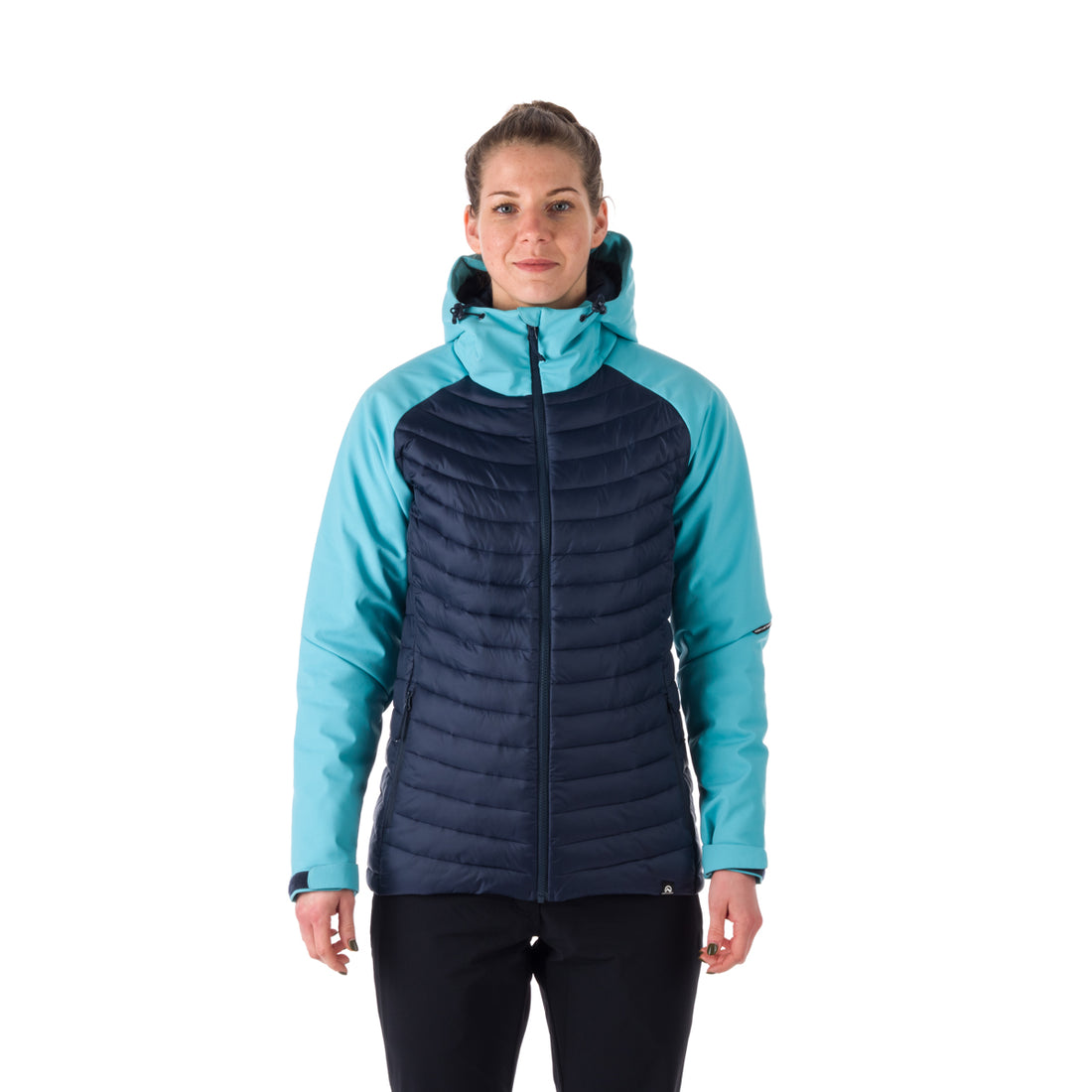 BU-6030OR women's outdoor hybrid like down jacket with softshell hood and sleeves ALISHA