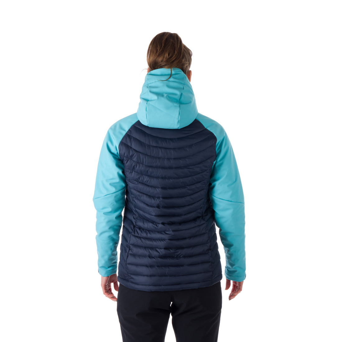 BU-6030OR women's outdoor hybrid like down jacket with softshell hood and sleeves ALISHA