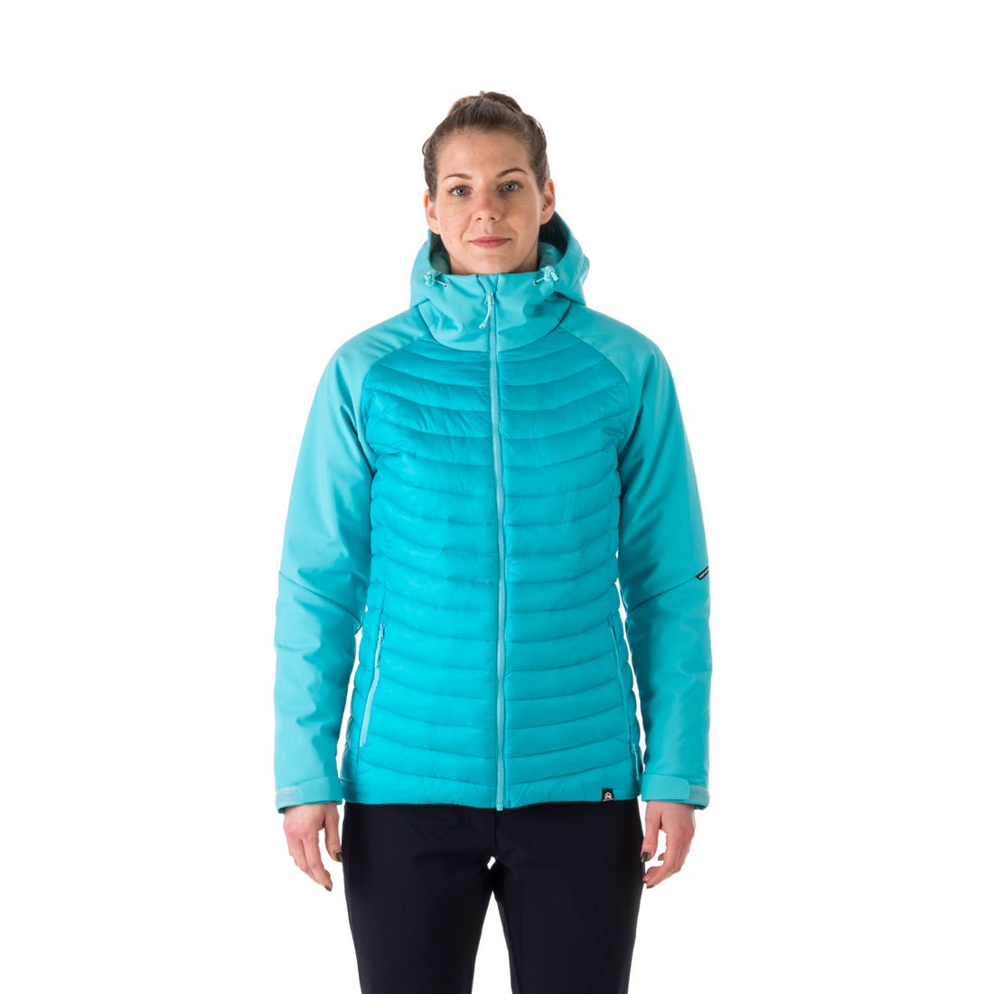 BU-6030OR women's outdoor hybrid like down jacket with softshell hood and sleeves ALISHA