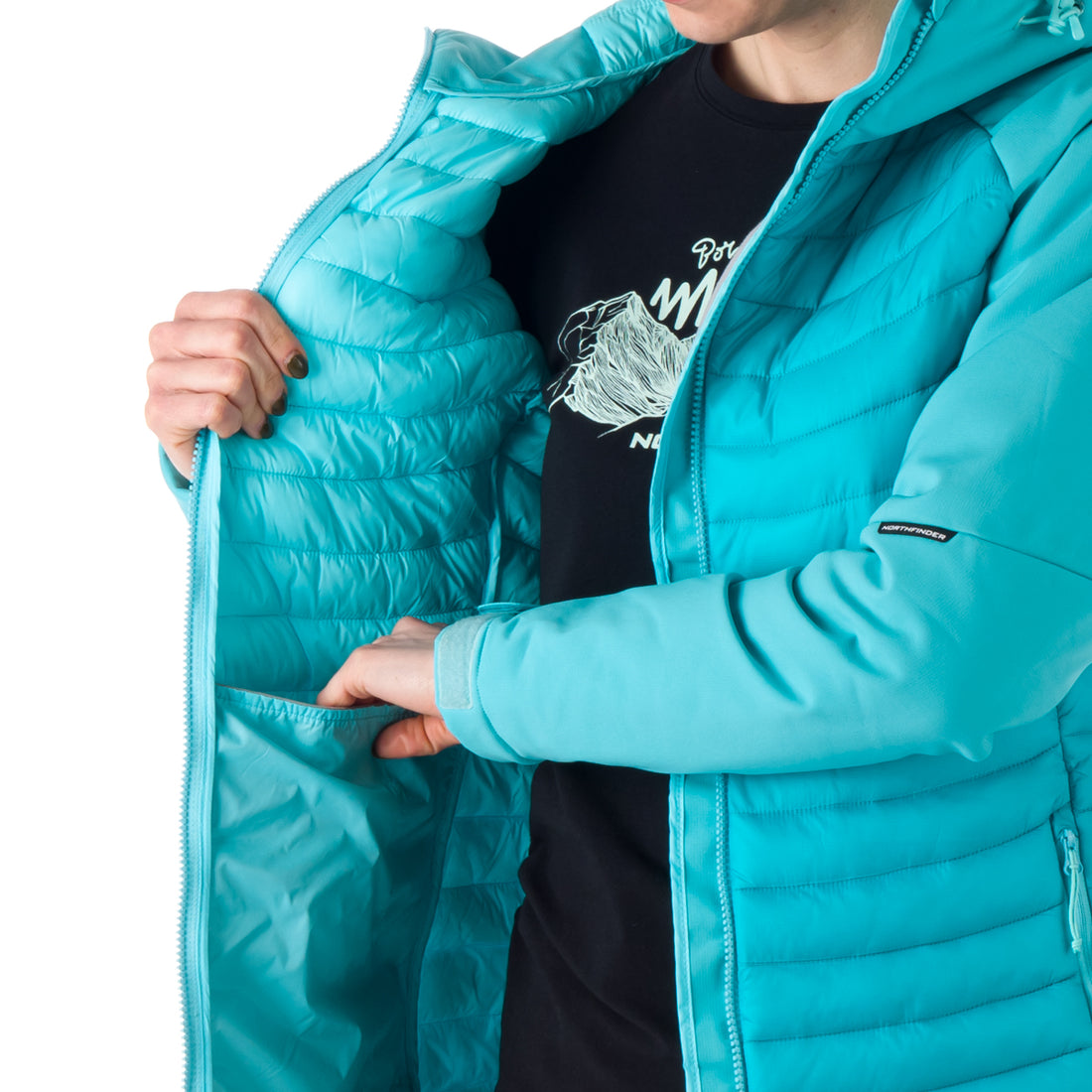 BU-6030OR women's outdoor hybrid like down jacket with softshell hood and sleeves ALISHA
