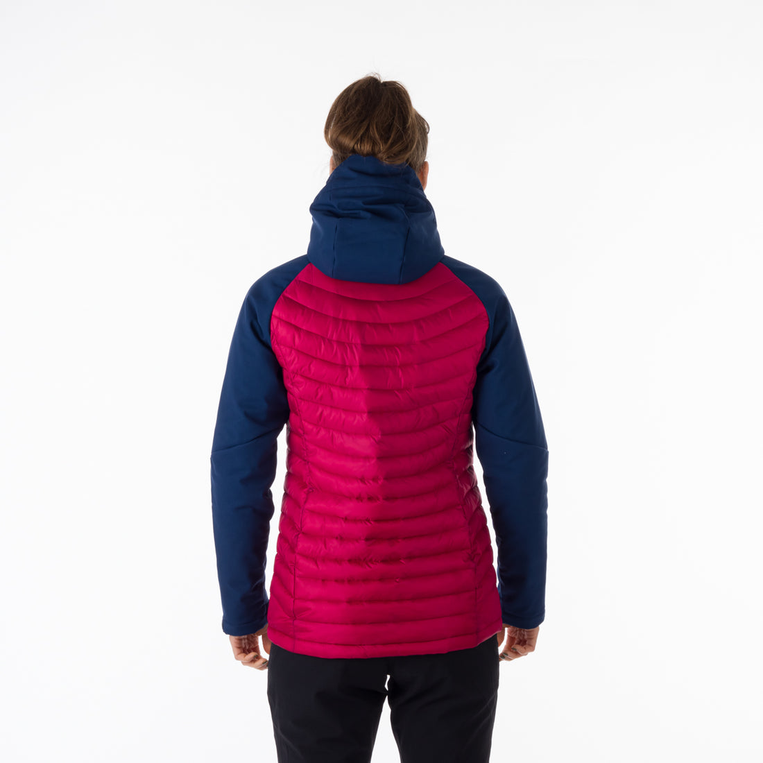 BU-6030OR women's outdoor hybrid like down jacket with softshell hood and sleeves ALISHA