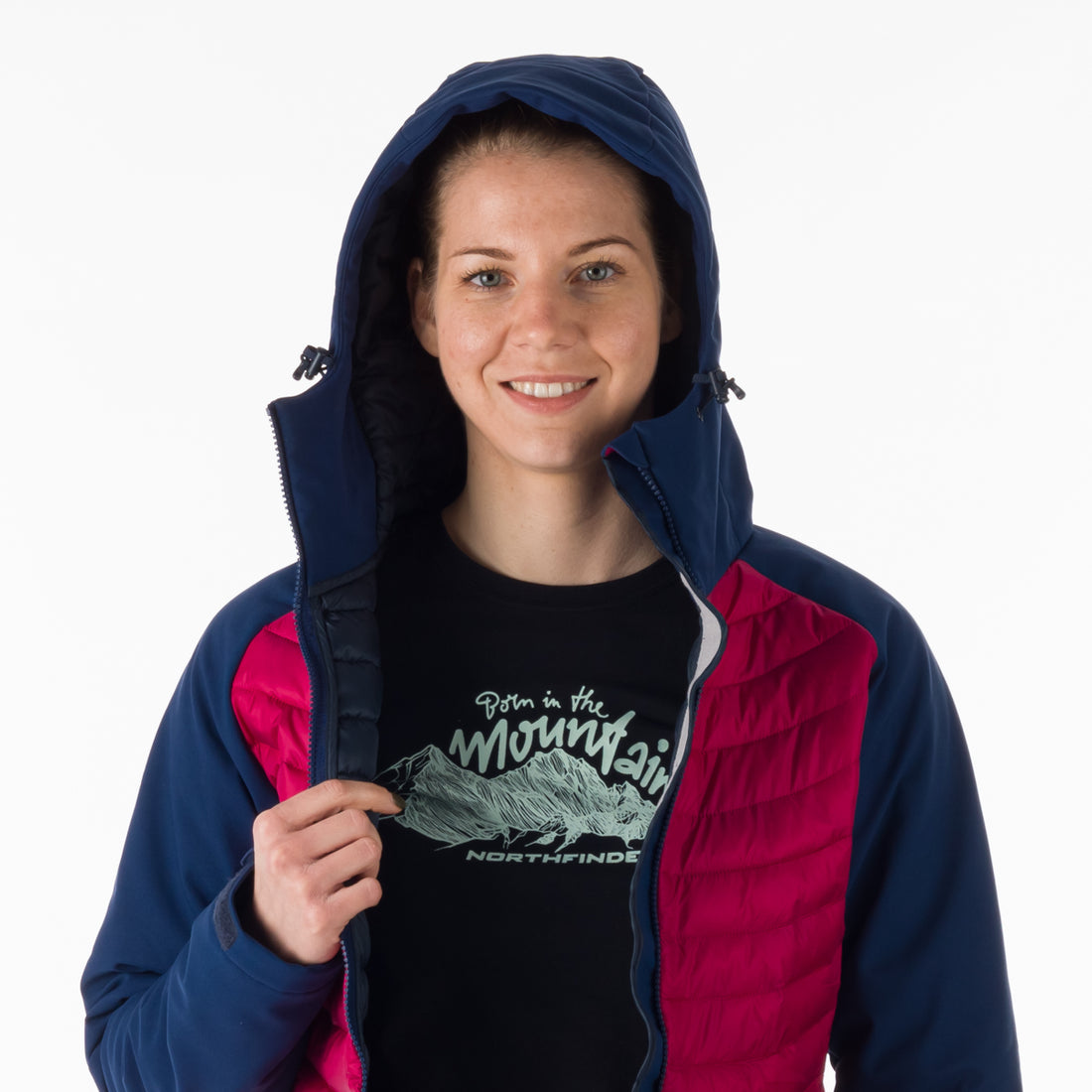 BU-6030OR women's outdoor hybrid like down jacket with softshell hood and sleeves ALISHA